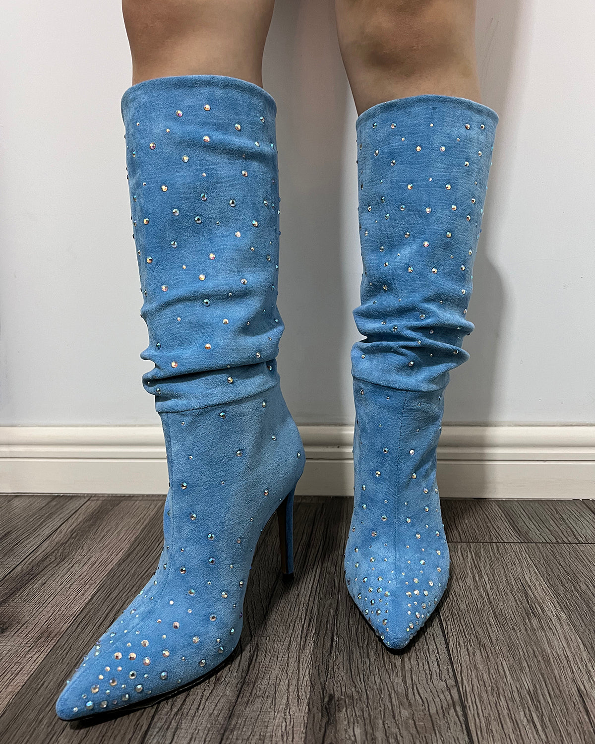 Women suede rhinestone stiletto high heel knee boots