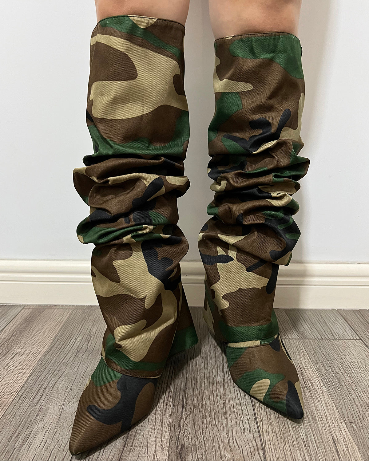 Camo wedge knee high boots