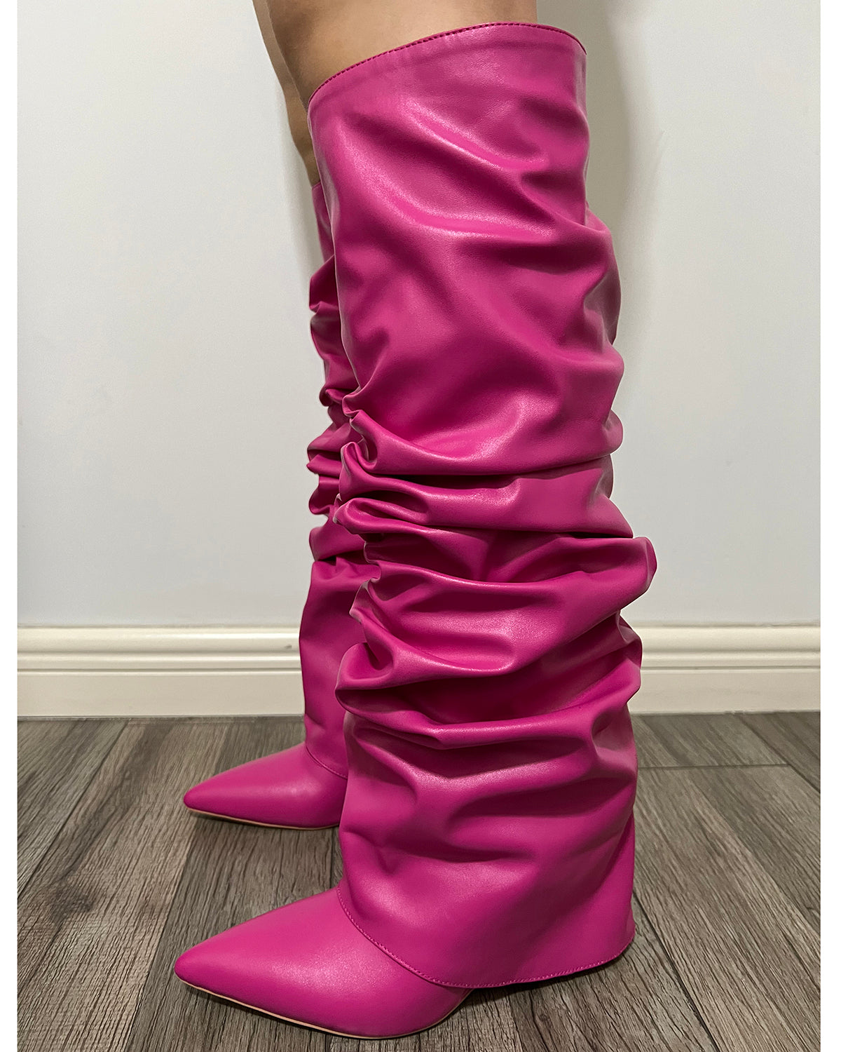 Matte leather wrinkle wedge knee high boots