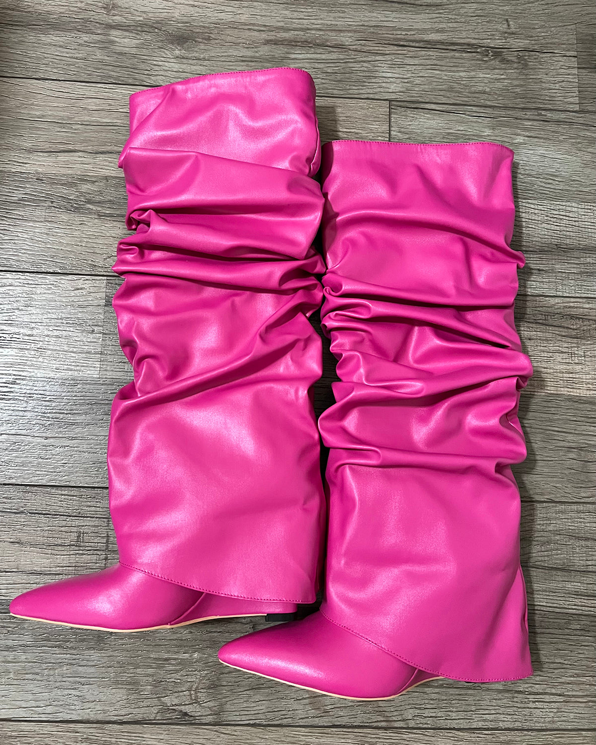 Matte leather wrinkle wedge knee high boots