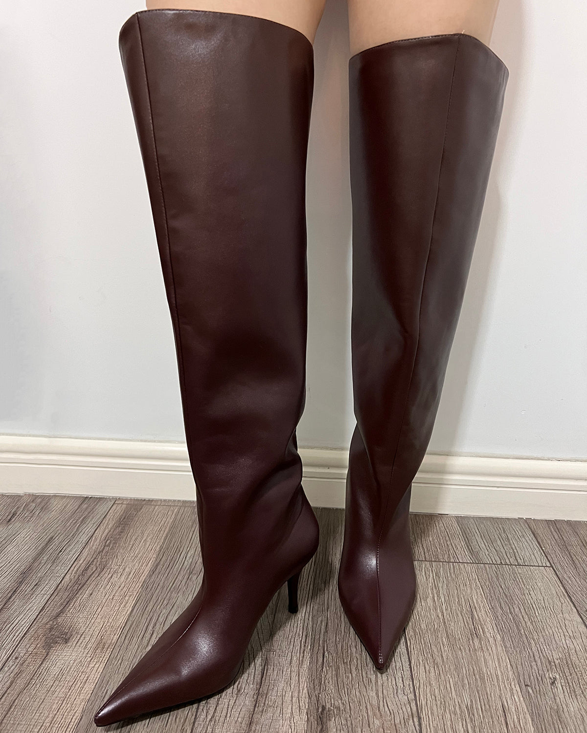 Burgundy leather over the knee wide calf boots for women