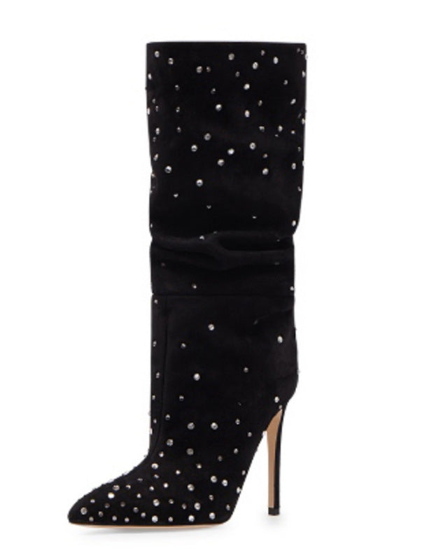 Women suede rhinestone stiletto high heel knee boots