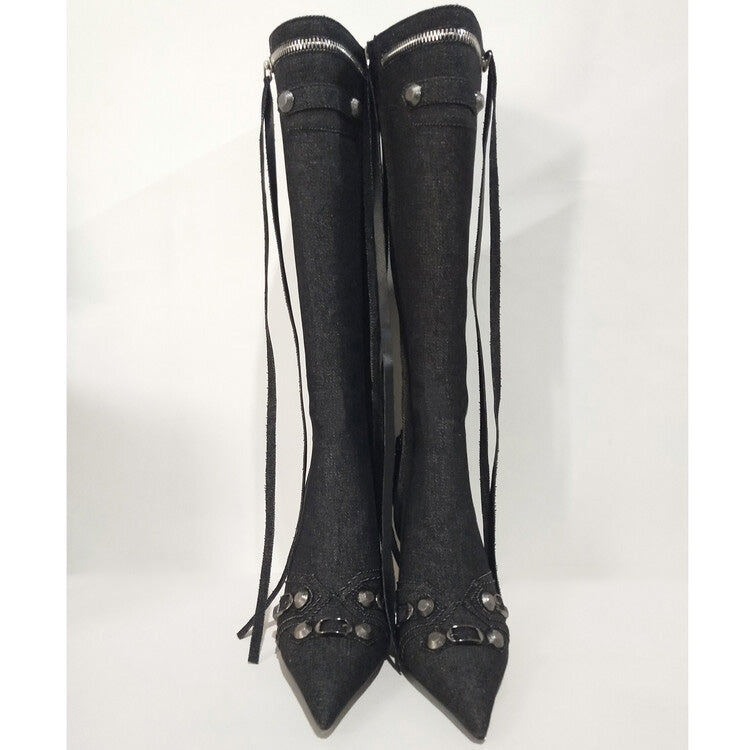 Denim Studs Knee High Fashion Boots