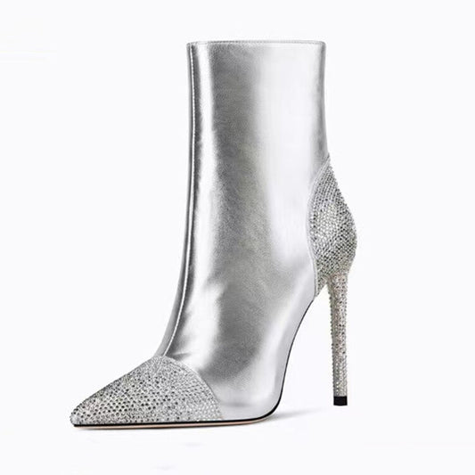 Metal Silver Crystals Stiletto Heel Ankle Boots