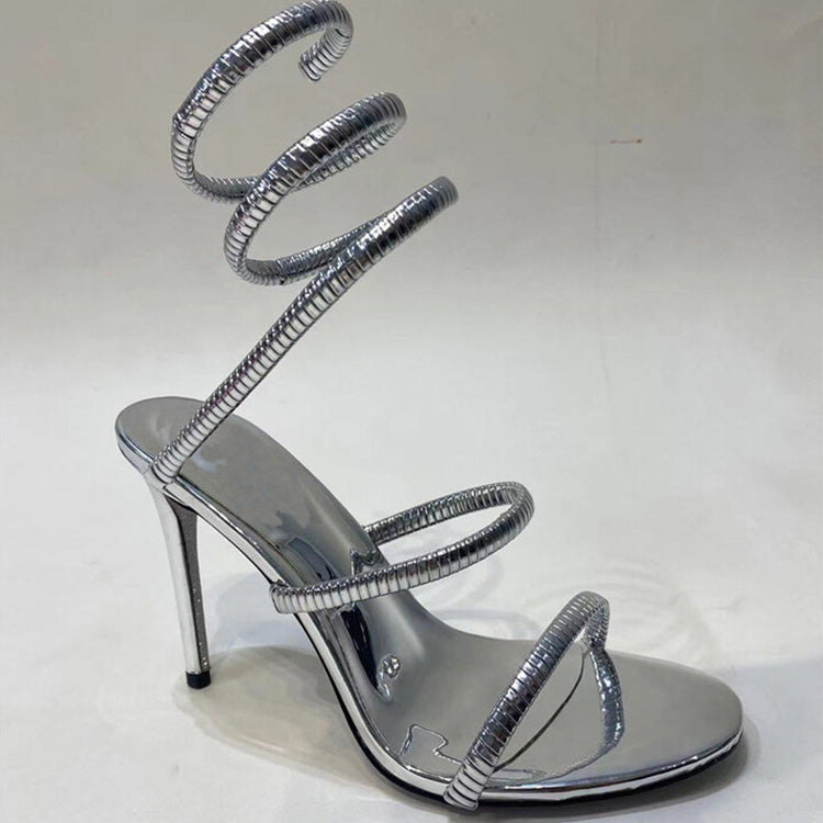 Metal Leather Spiral Straps Stiletto Heel Sandals
