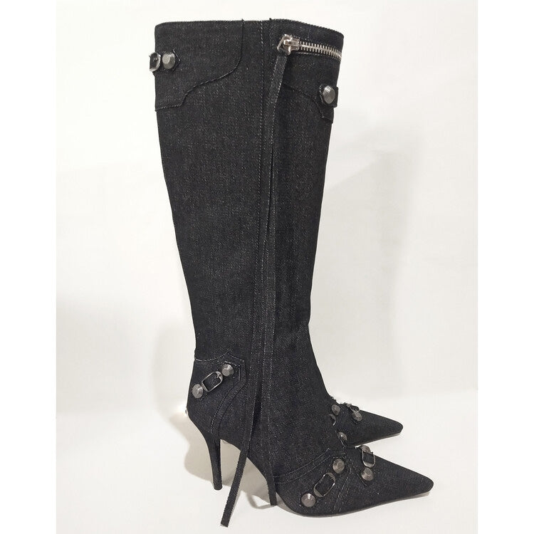 Denim Studs Knee High Fashion Boots