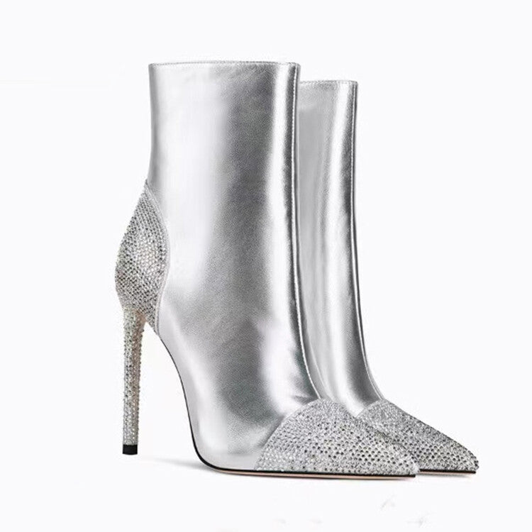 Metal Silver Crystals Stiletto Heel Ankle Boots