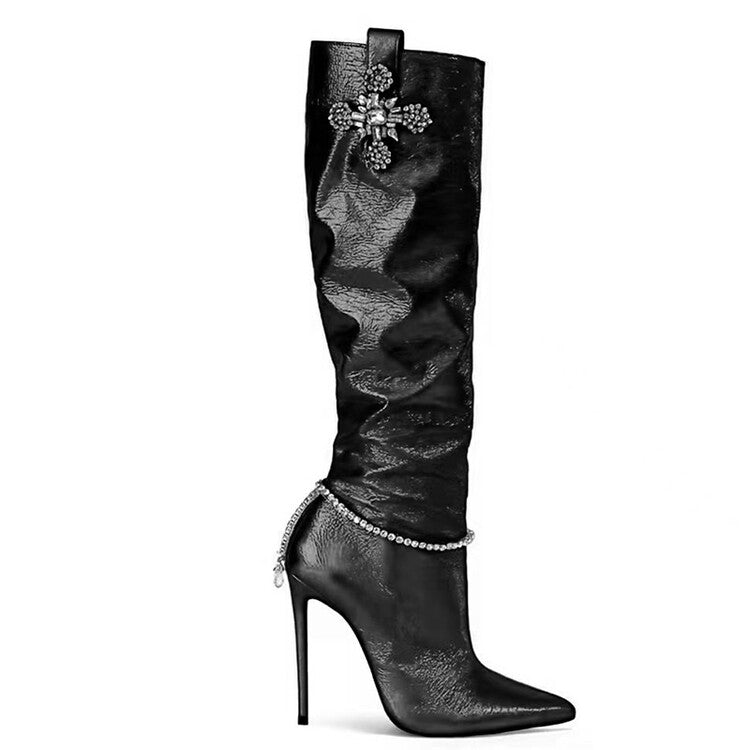 Rhinestone Decorations Knee High Faux Leather Boots