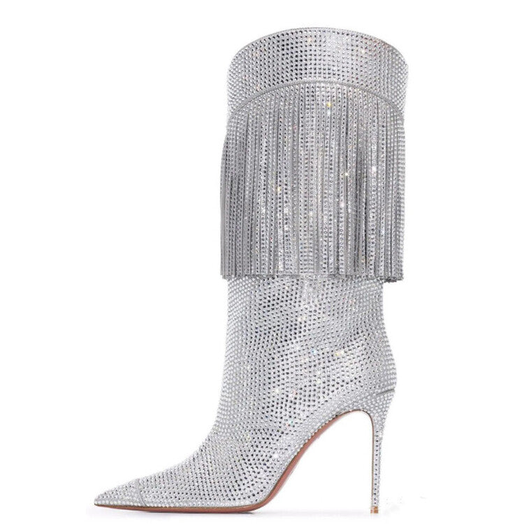 Full Crystals Tassels High Heel Boots For Women