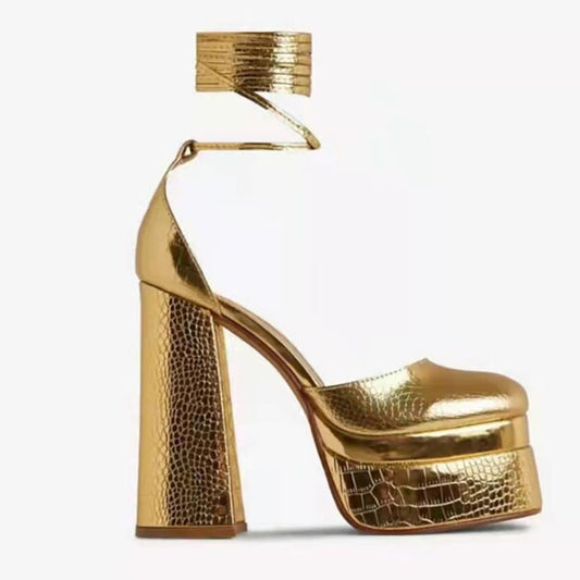Croc Gold Metal Leather Platform Lace Up Heels