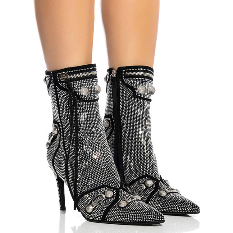 Women Rivets Rhinestones Ankle Boots