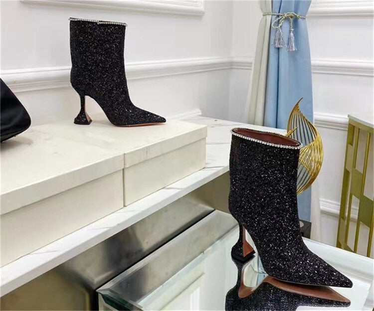 Glitter Pointed Toe High Heel Ankle Boots