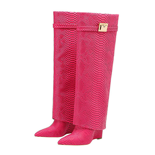 Snake Leather Knee High Trouser Wedge Boots