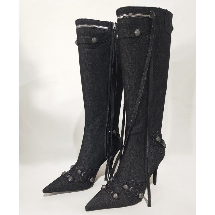 Denim Studs Knee High Fashion Boots