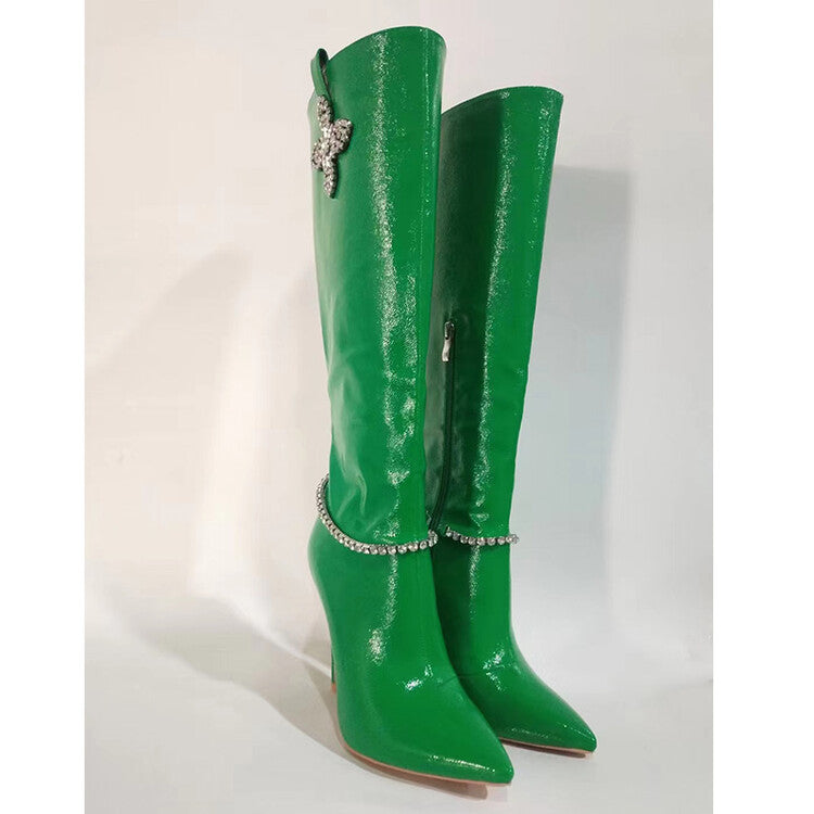Rhinestone Decorations Knee High Faux Leather Boots