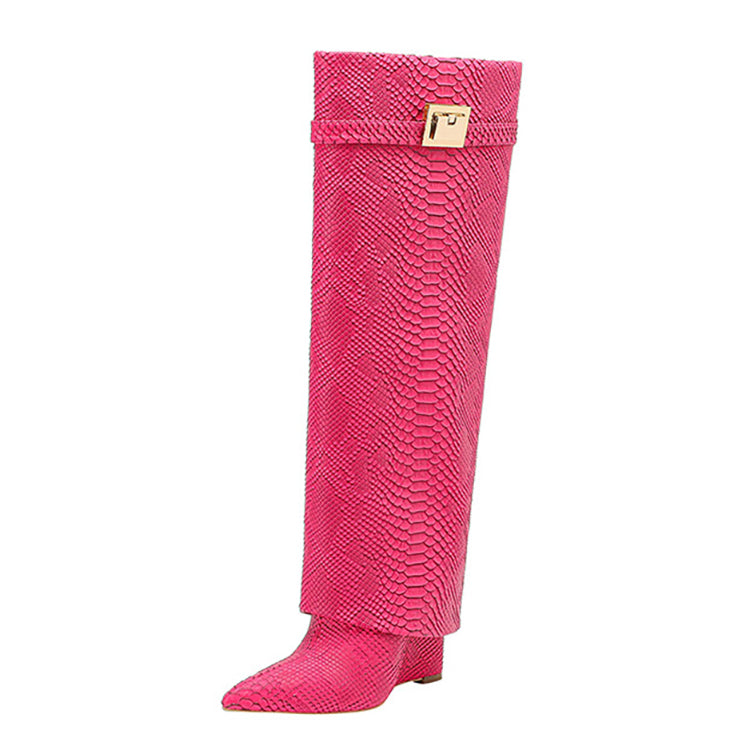 Snake Leather Knee High Trouser Wedge Boots