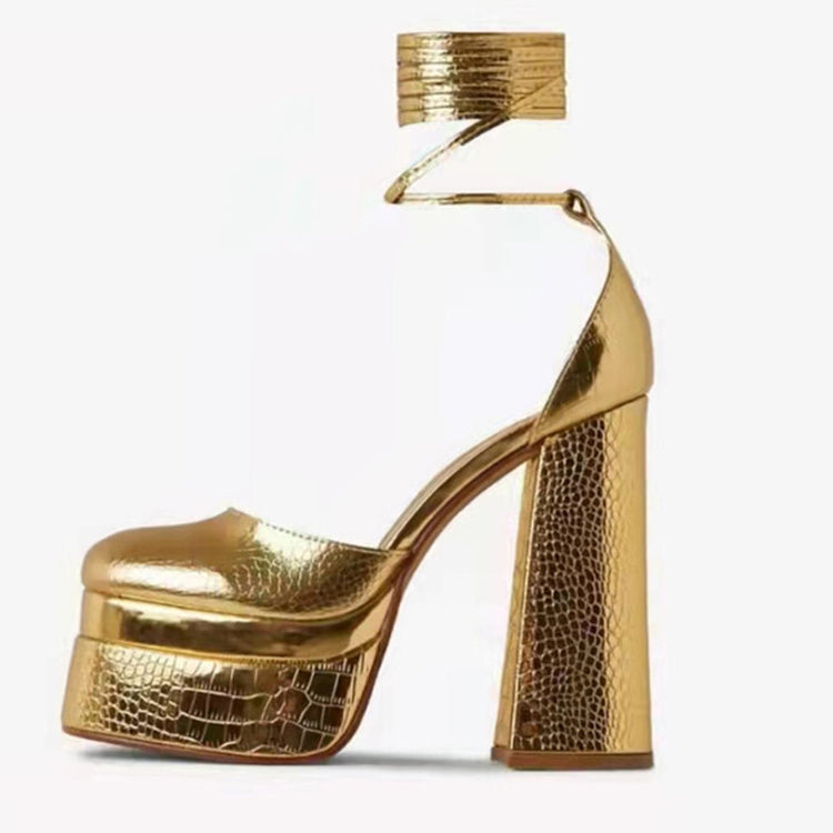 Croc Gold Metal Leather Platform Lace Up Heels