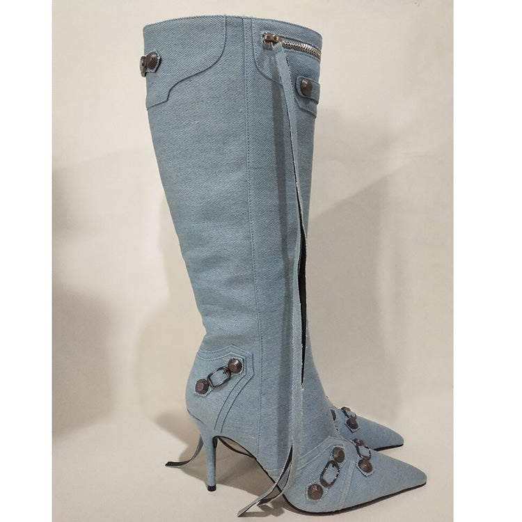 Denim Studs Knee High Fashion Boots