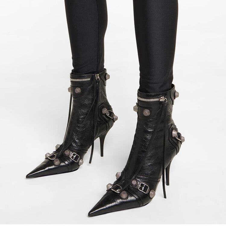 Women Rivets Leather Pointed Toe Ankle Boots