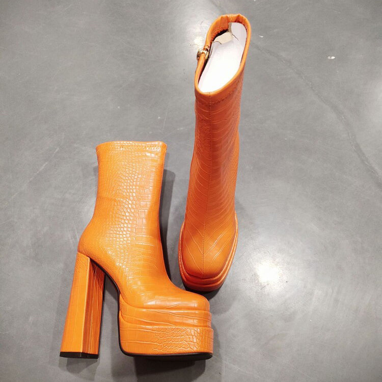 Croc Leather Platform Chunky Heel Women Zipper Boots