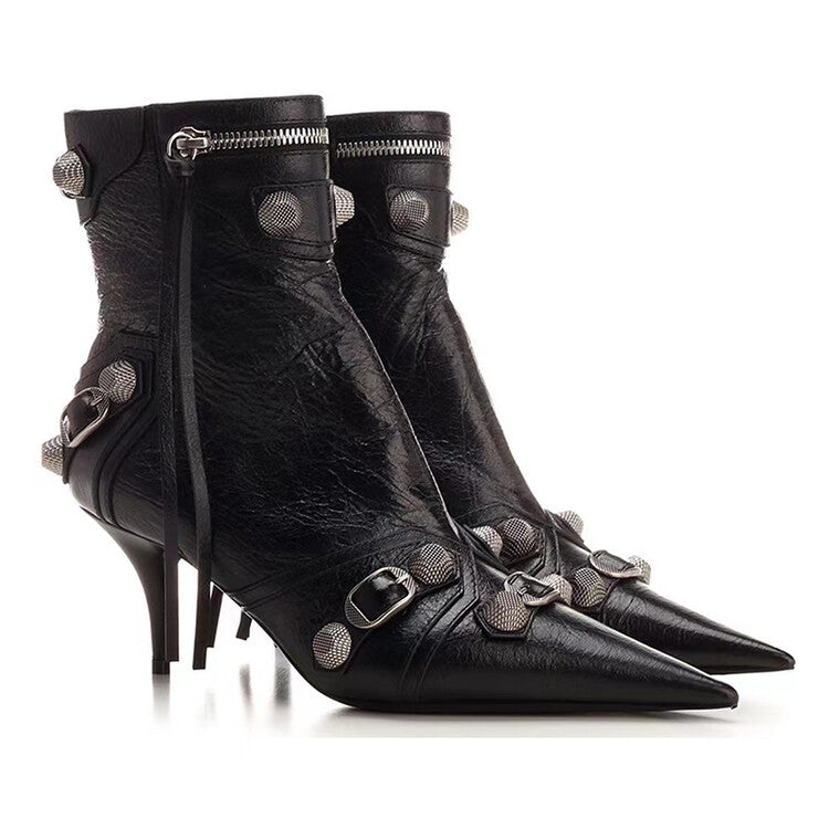 Women Rivets Leather Pointed Toe Ankle Boots