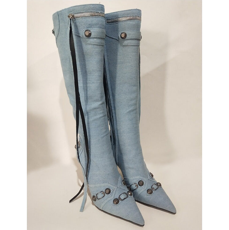 Denim Studs Knee High Fashion Boots