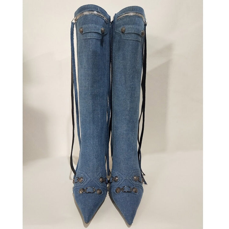 Denim Studs Knee High Fashion Boots