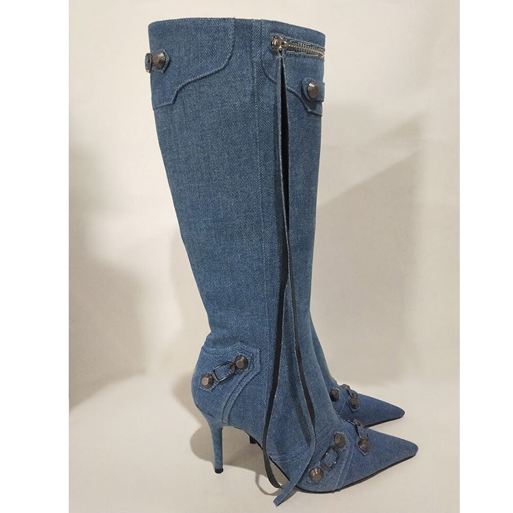 Denim Studs Knee High Fashion Boots