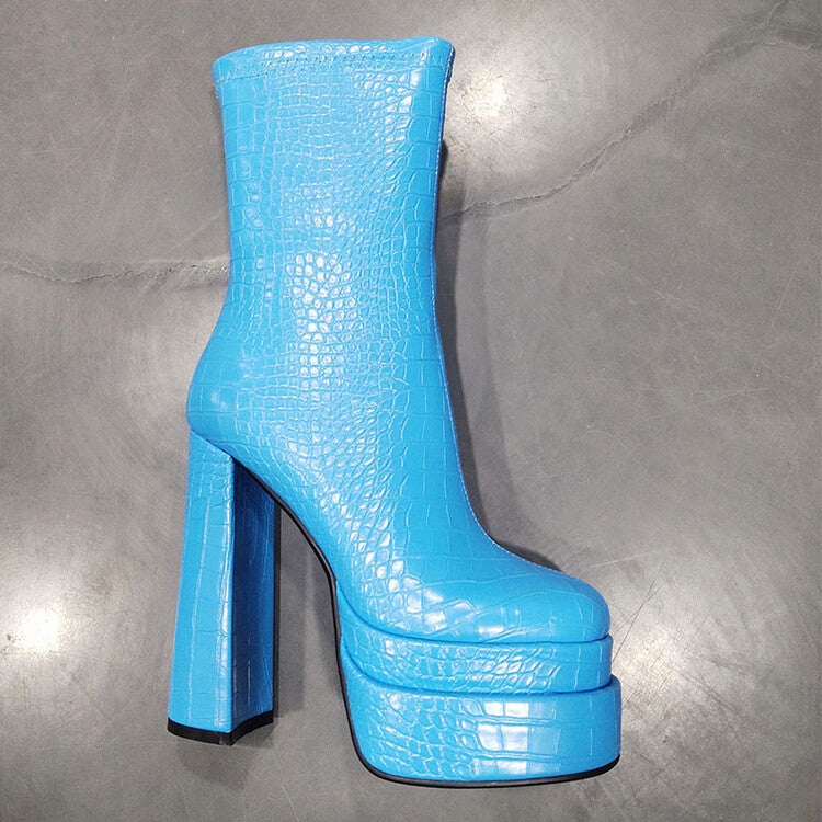 Croc Leather Platform Chunky Heel Women Zipper Boots