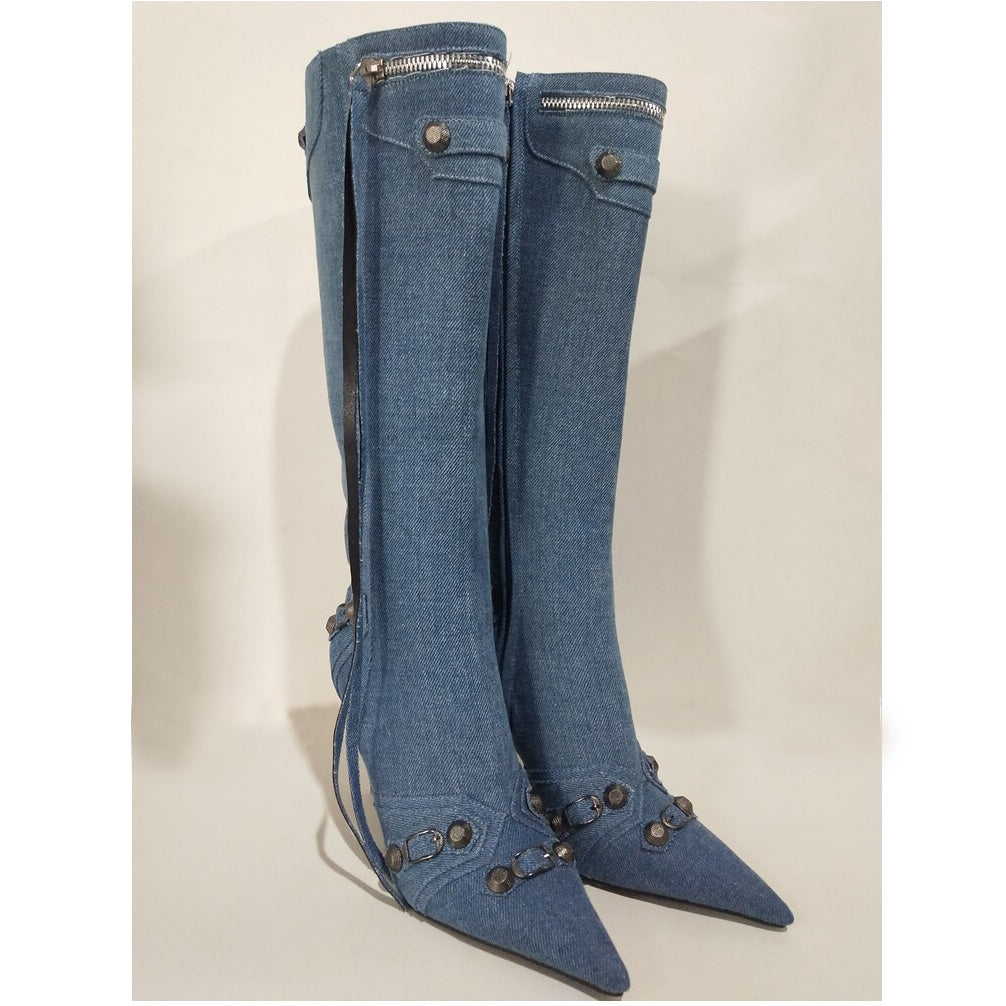 Denim Studs Knee High Fashion Boots