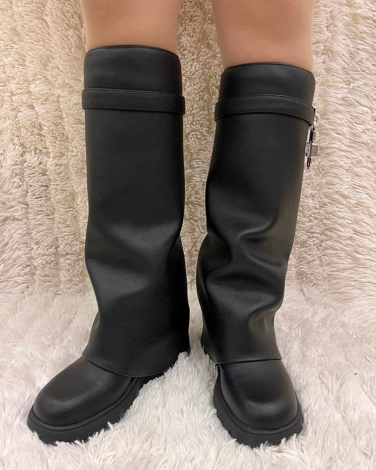 Wedge Leather Pants Lock Knee High Boots For Women