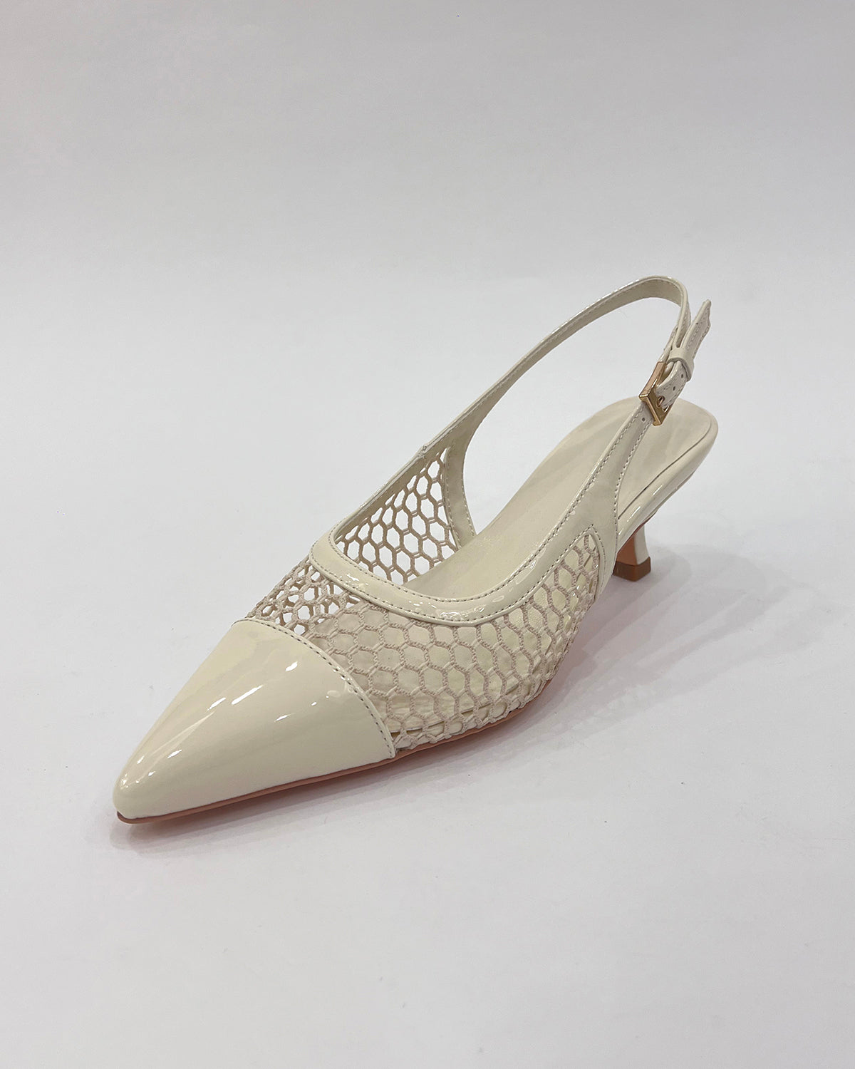 Patent leather pointed toe slingback mesh low heels for women