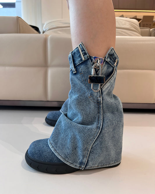 New wash denim wedge ankle boots for women