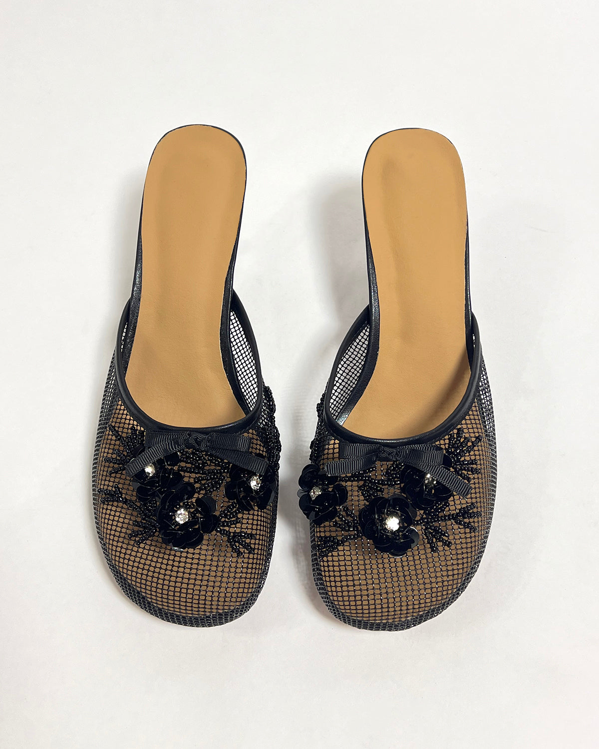 Mesh flowers round toe heeled mule slippers for women