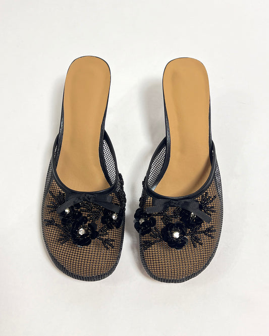 Mesh flowers round toe heeled mule slippers for women