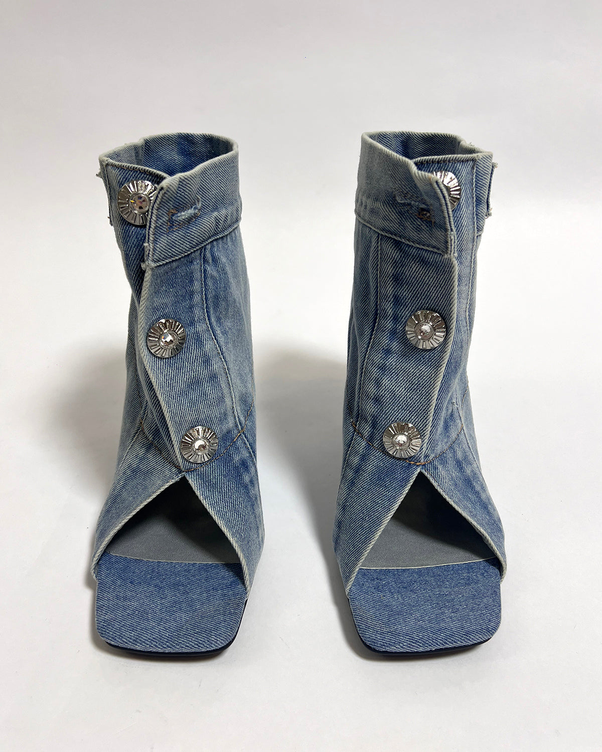 Wash denim ankle open toe boots for women