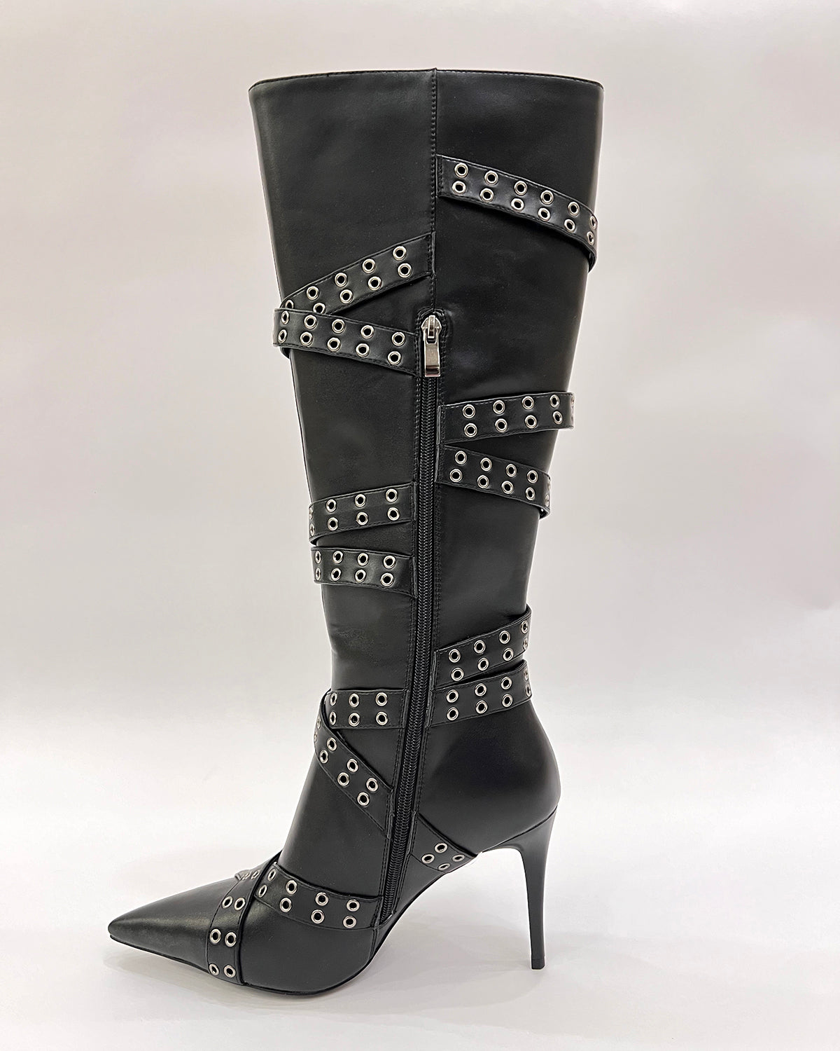 Matte leather eyelet buckle straps stiletto knee high boots