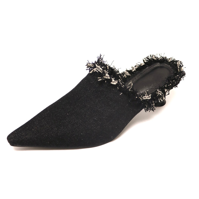 Black denim pointed toe low heel mule shoes slippers