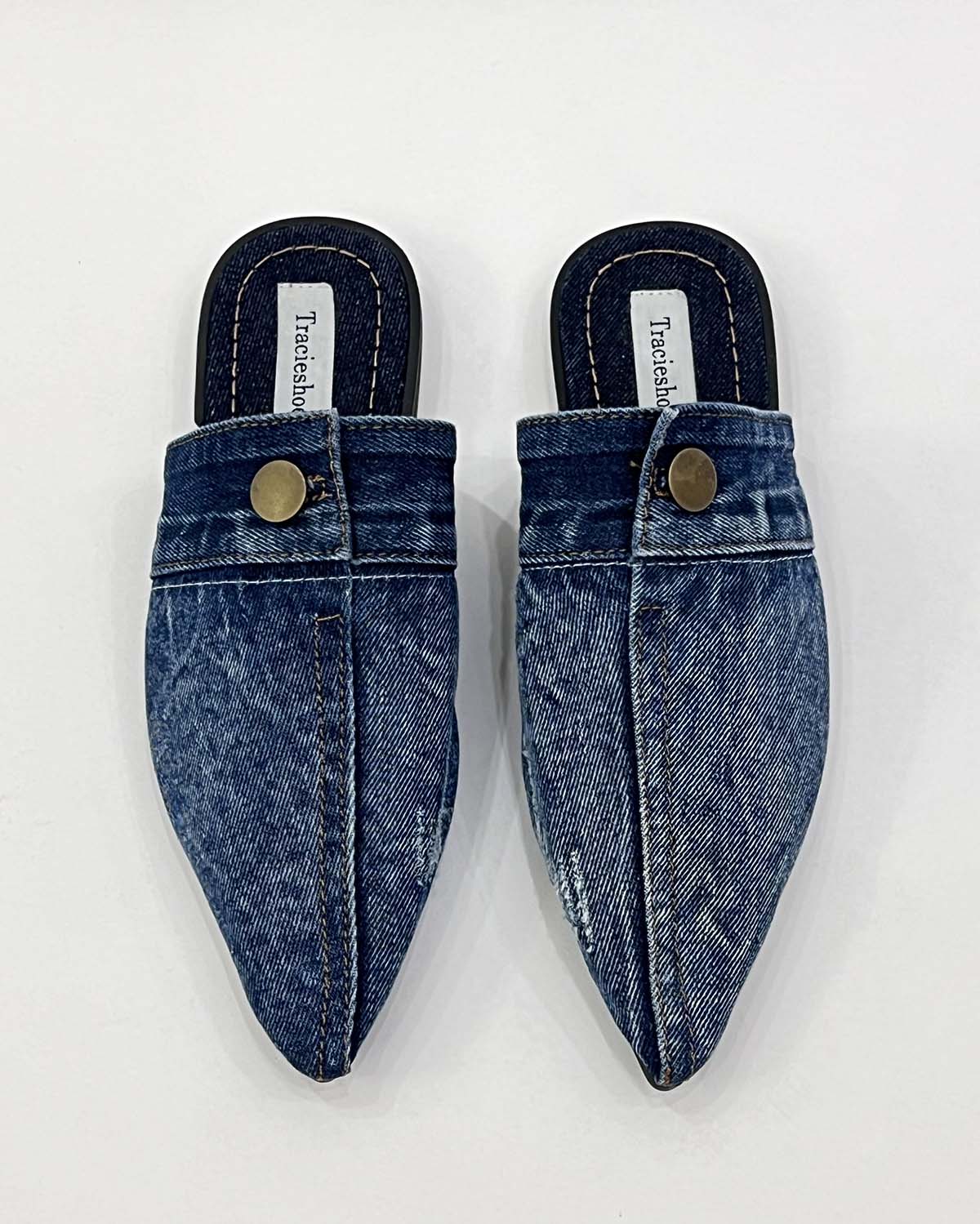 Denim pointed toe flat slippers mule shoes