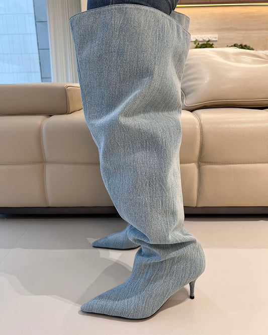 Wash denim thigh high wide calf boots for women