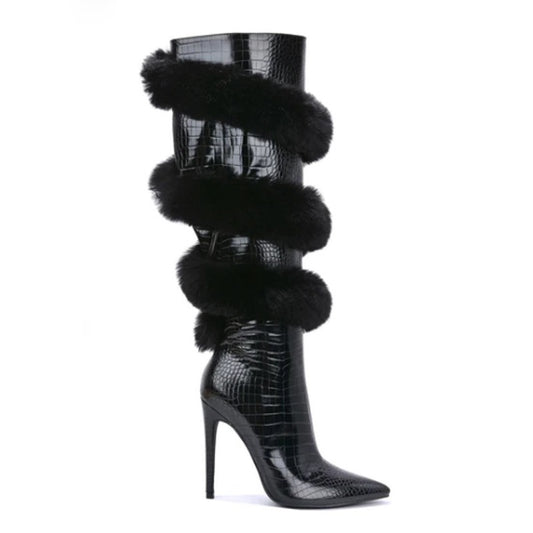 Croc leather sprial fur knee high boots