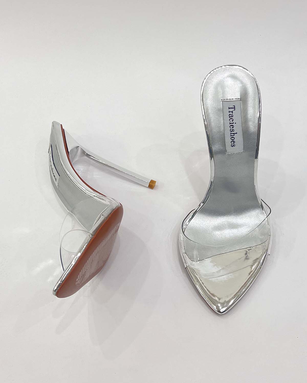 Clear PVC metal leather pointed toe heels sandals