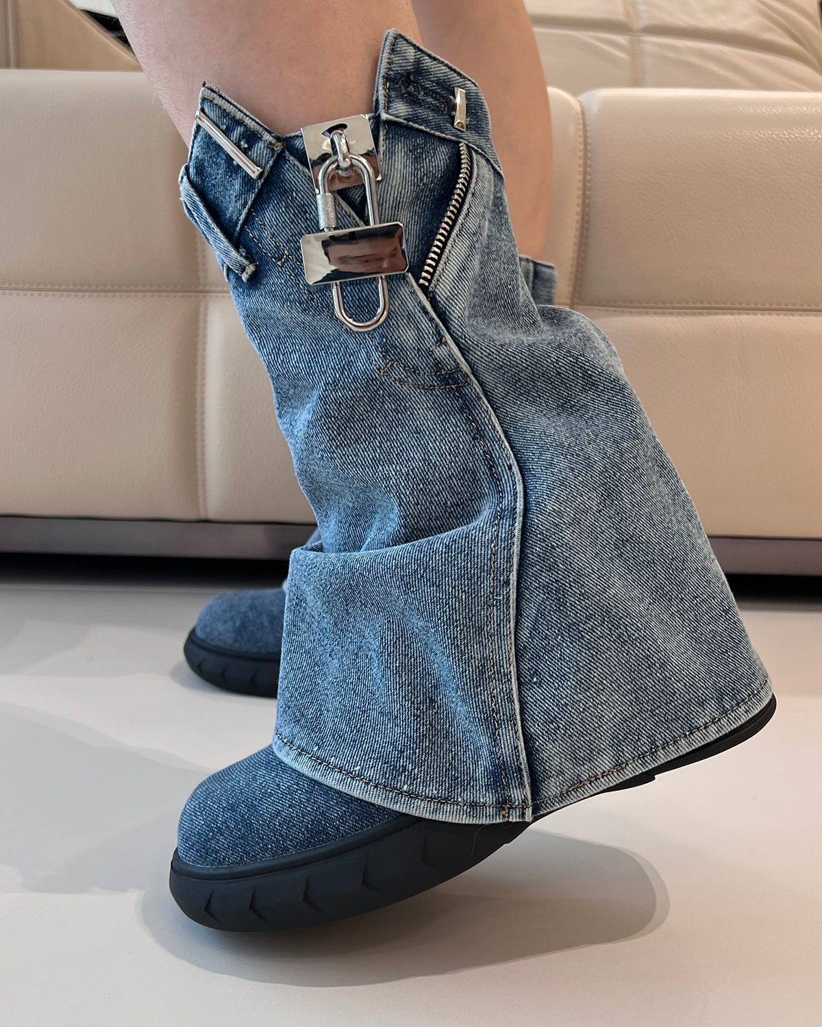 New wash denim wedge ankle boots for women