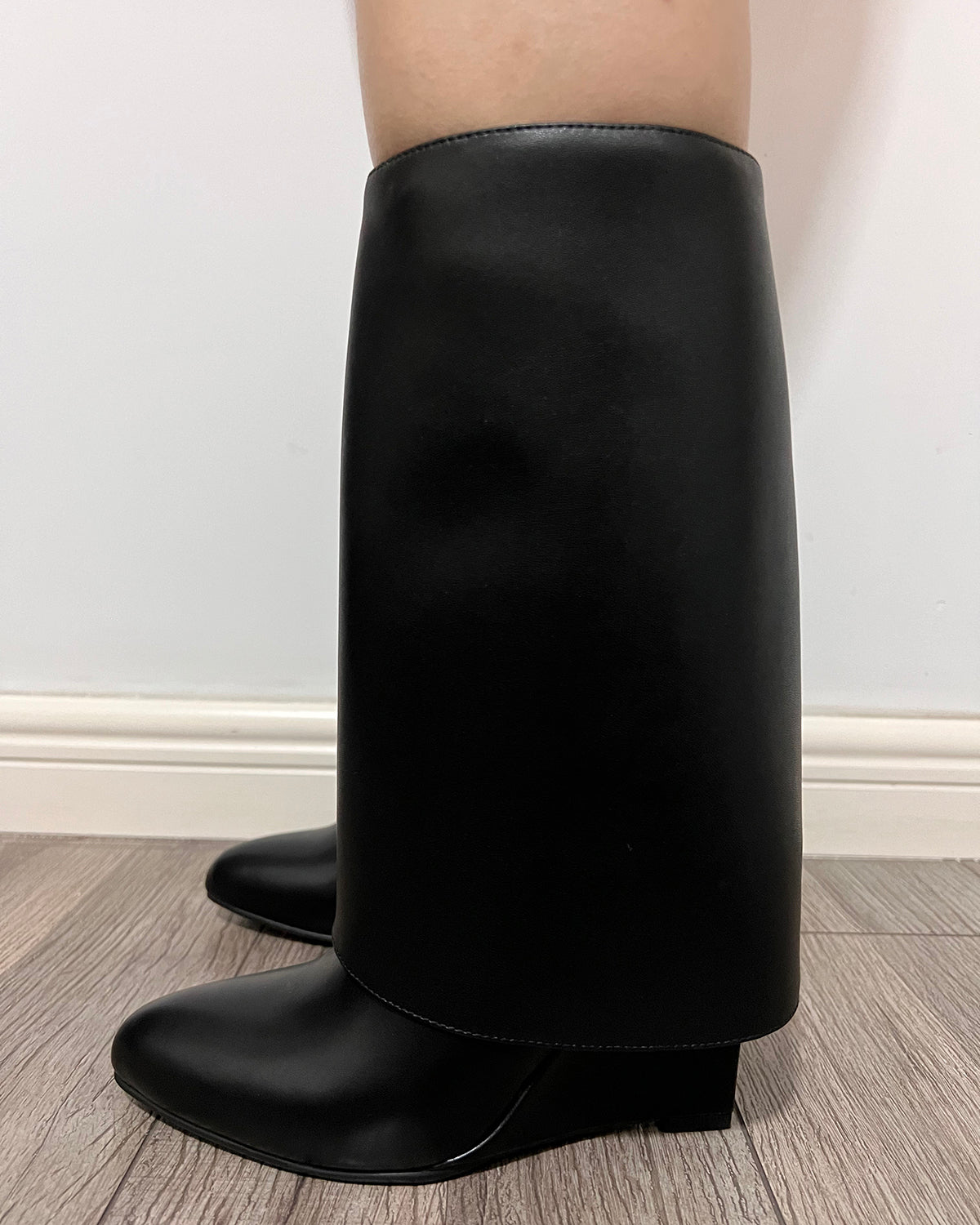 Black matte PU leather trouser wedge ankle boots