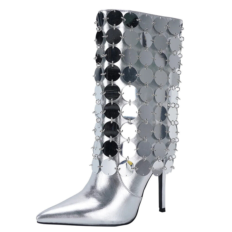 Metal leather fashion sequin pointed toe ankle boots