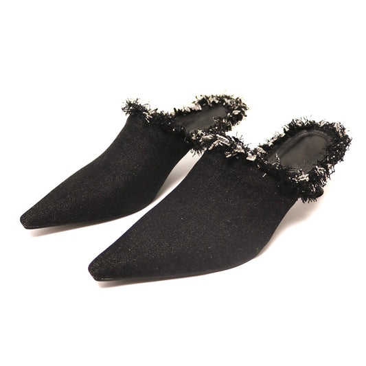 Black denim pointed toe low heel mule shoes slippers