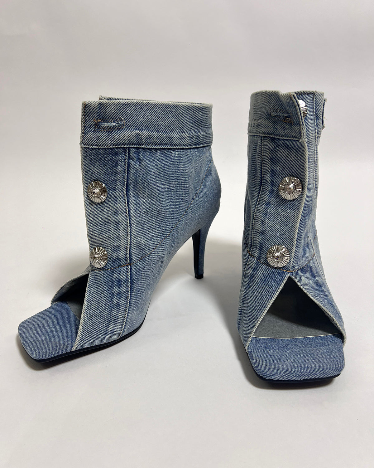 Wash denim ankle open toe boots for women