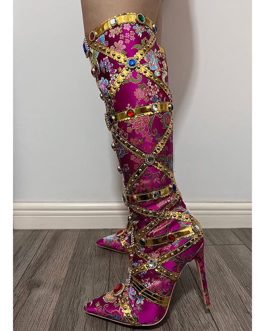 Women Fashion Flower Diamonds Knee High Boots