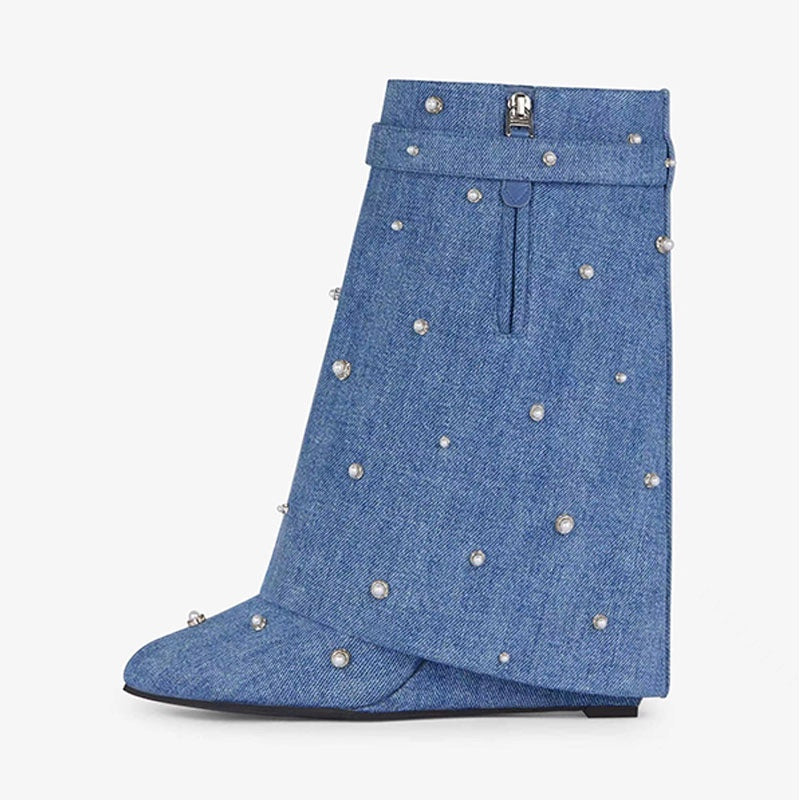 Denim Pearls Wedge Pants Ankle Boots