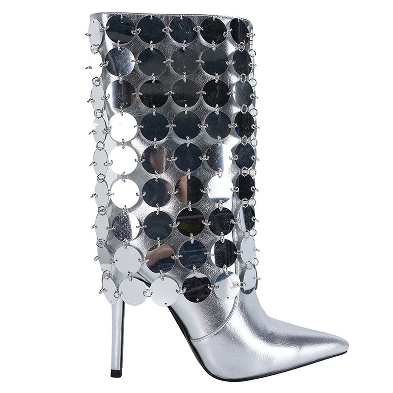 Metal leather fashion sequin pointed toe ankle boots